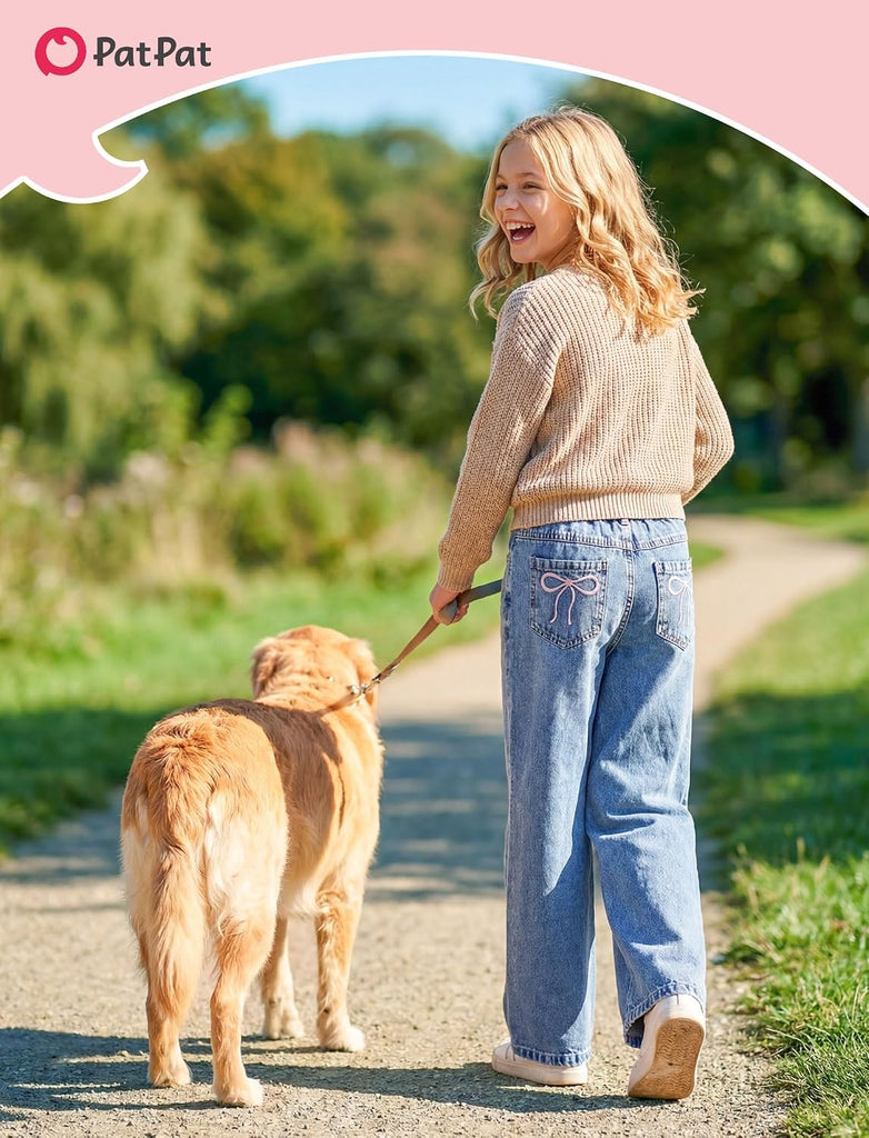 Girls Baggy Wide Leg Jeans, Cute Bow Elastic Waist Denim Pants