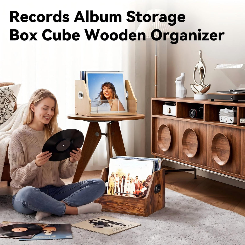 Vinyl Record Storage with Separators, Visible Acrylic & Wooden Crate for Records Holder Storage Box for Vinyl & Album