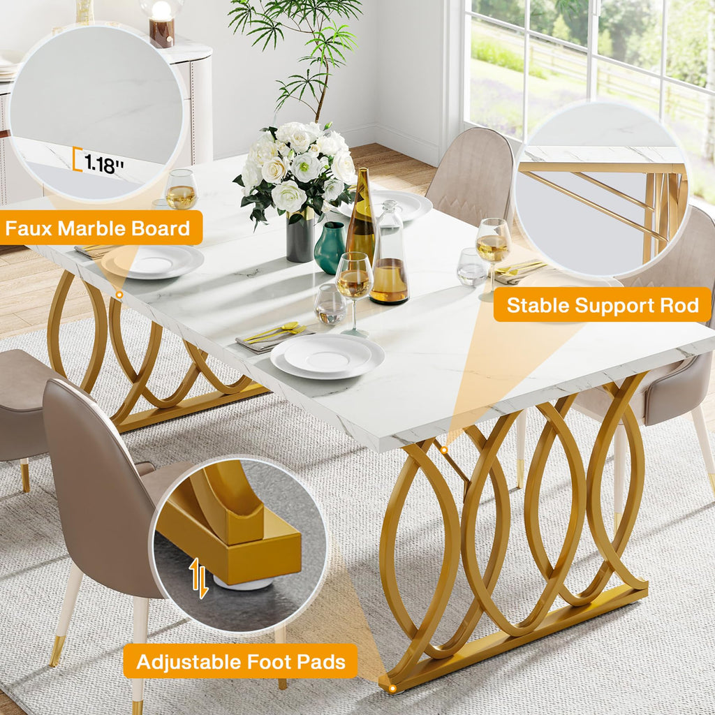 63" Dining Table for 4 to 6, White and Gold Kitchen Table