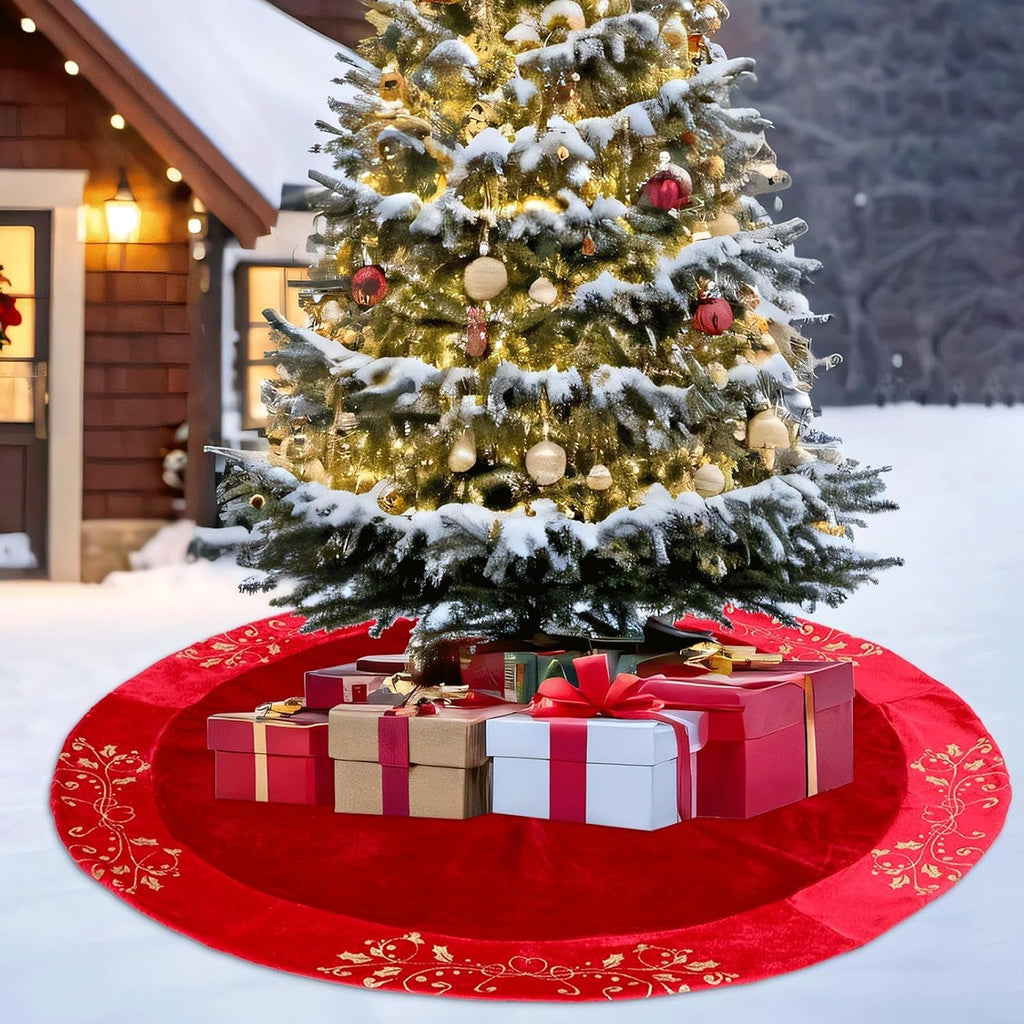 48inch Christmas Tree Skirt Red Luxury Velvet Plush Fur Tree Skirts Xmas Velvet Tree Skirt with Embroidered Holly