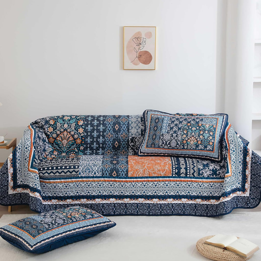 Navy Blue Quilt Set Queen,Bohemian Patchwork Bedspread Coverlet Set, Reversible Farmhouse Floral Pattern Bedspreads