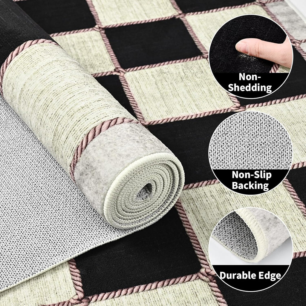 Checkered 8x10 Area Rugs, Washable Large Bedroom Rug