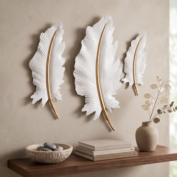 3-Piece 3D Metal Feather Wall Decor Set, White & Gold