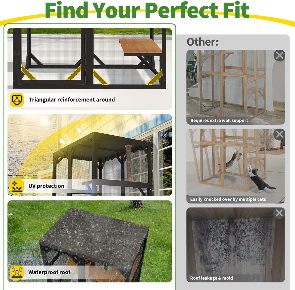 Large Catio Outdoor Cat Enclosure with Weatherproof Roof, 69.3" Walk-in Cat House for Multiple Cats, 3-Tier Wooden