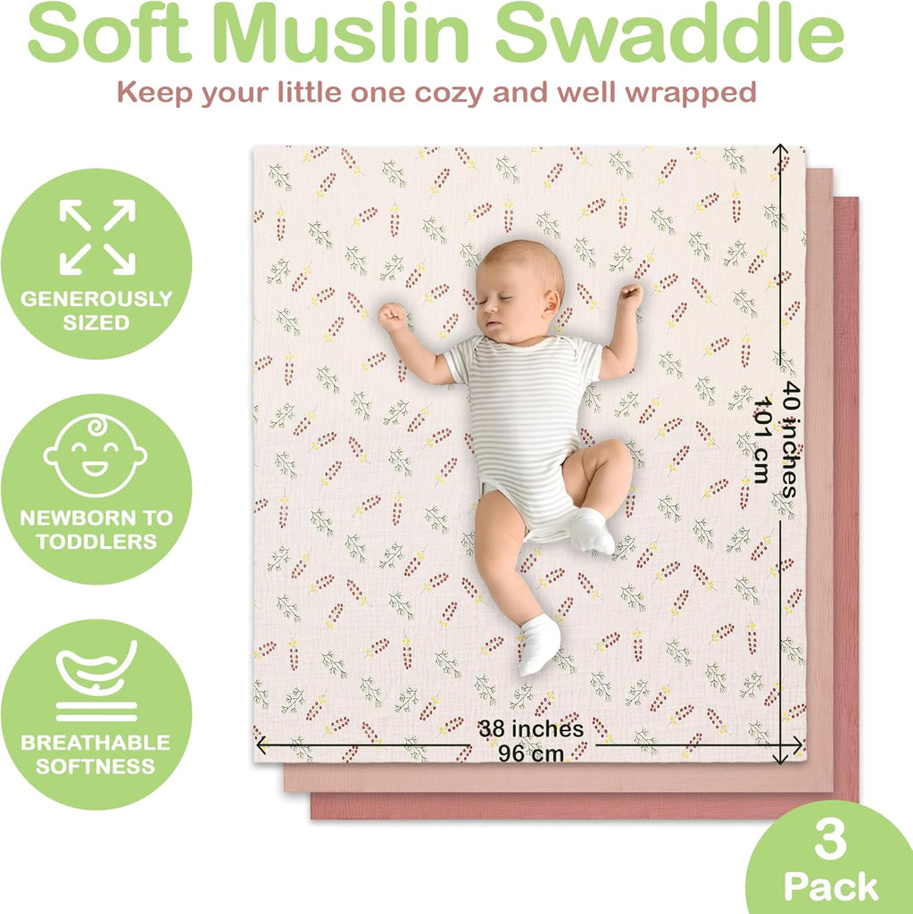 100% Organic Cotton 3 PK Baby Muslin Blanket Girl Gift 38x40 Inch
