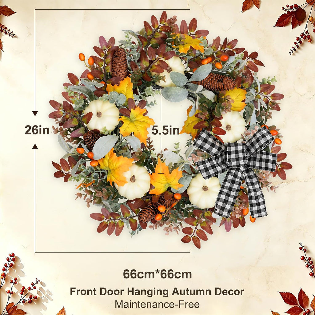 26" Fall Wreaths for Front Door Outside Pumpkin Autumn Wreath