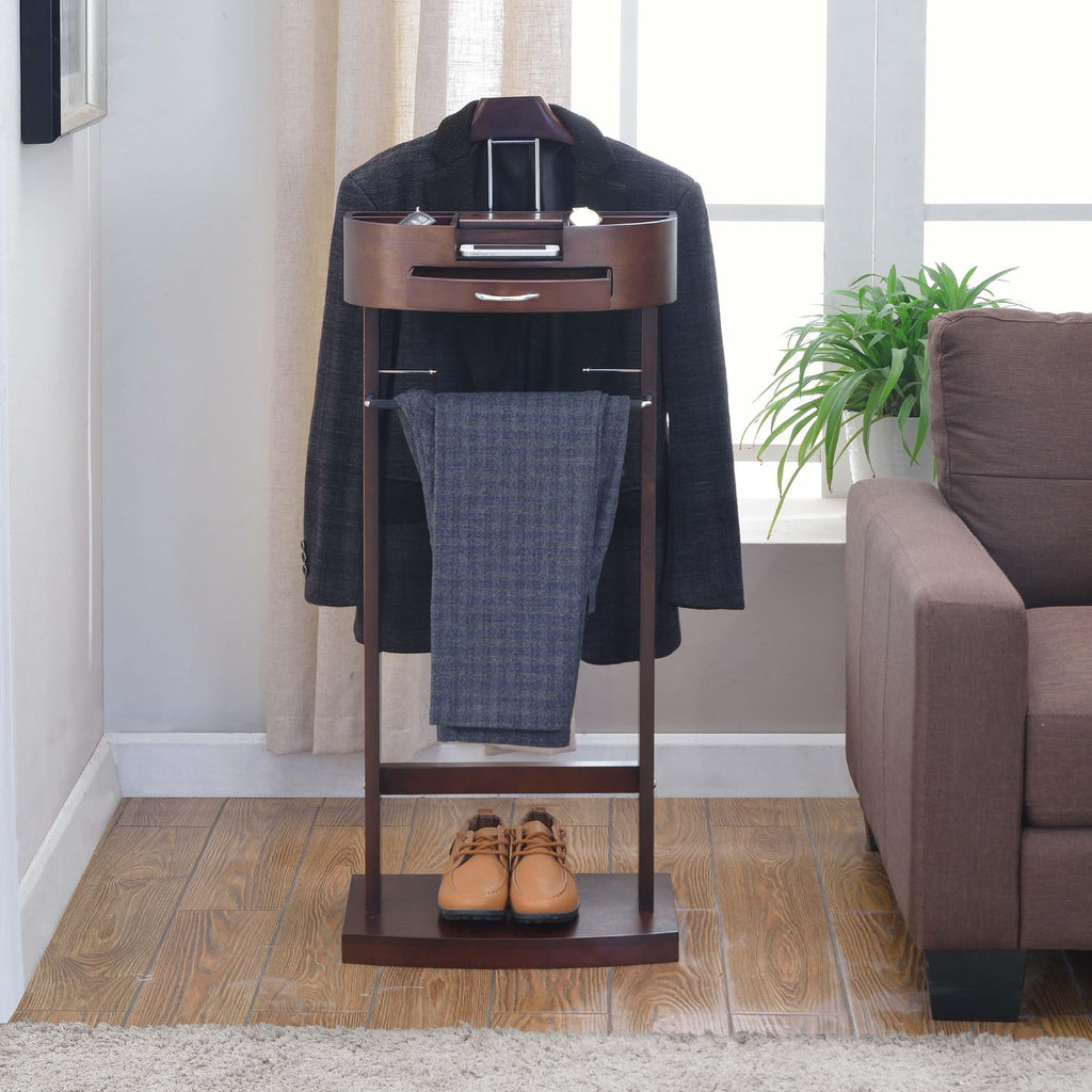 Products - Crescent Moon Valet, Mens Valet Stand with Drawer, Top Tray, Contour Hanger, Trouser Bar, Belt Hooks &
