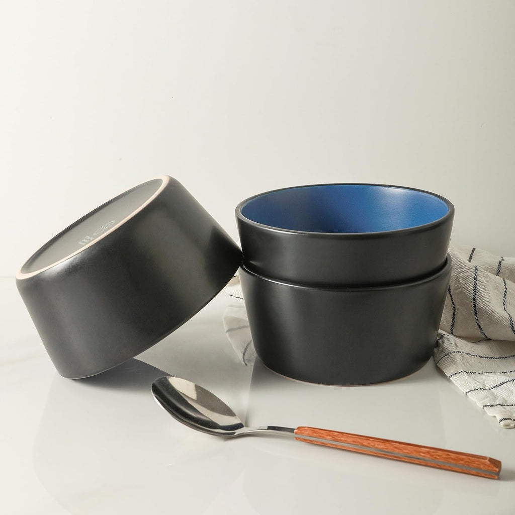 Albie Stoneware 16-Piece Modern Dinnerware Set, Kitchen Plates and Bowls Sets, Service for 4, Blue and Black