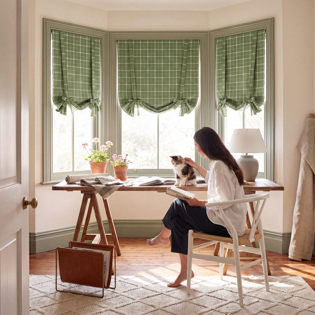 Green Plaid Ballon Shade 100% Blackout Kitchen Curtain, 46x63, 1PC