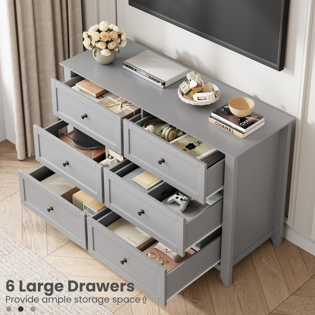 6 Drawer Dresser, Grey Modern Large Chest
