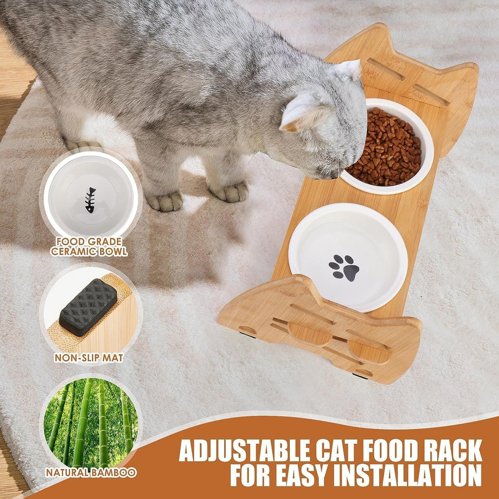 8 Heights Adjustable Raised Dog and Cat Pet Bowl with Bamboo Stand and Ceramic Dishes, Elevated Feeding Station