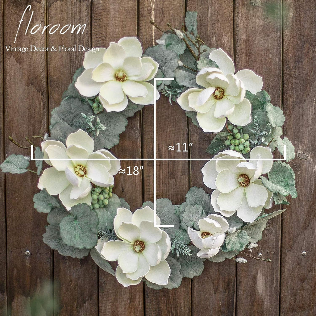 Floral Wreath, 18" Artificial White Magnolia Wreath for Front Door Wedding Decorations Wall Decor