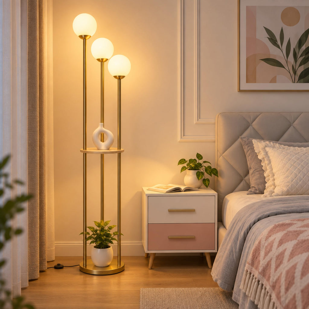 3 Globe Mid Century Modern Floor Lamp with Shelves