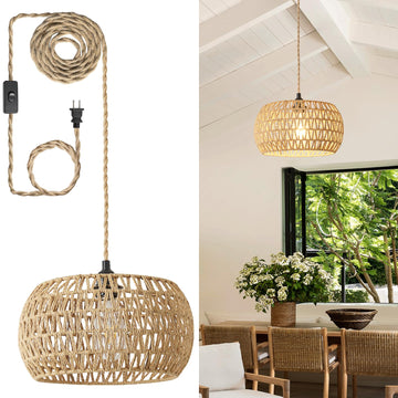 Rattan Boho Hanging Light, 12.6'' Natural Hand Woven Fabric Drum Light, Plug Into Wall Outlet Pendant Light Fixture