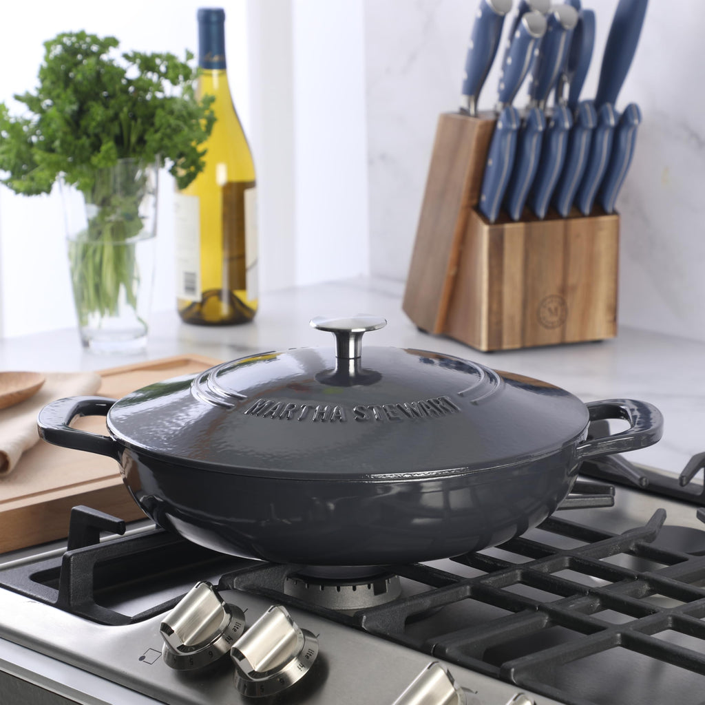 Gatwick Enameled Cast Iron Braiser with Lid, 3.5-Quart Braiser Pan for Stovetop & Oven, Cast Iron Braising Pan, Grey