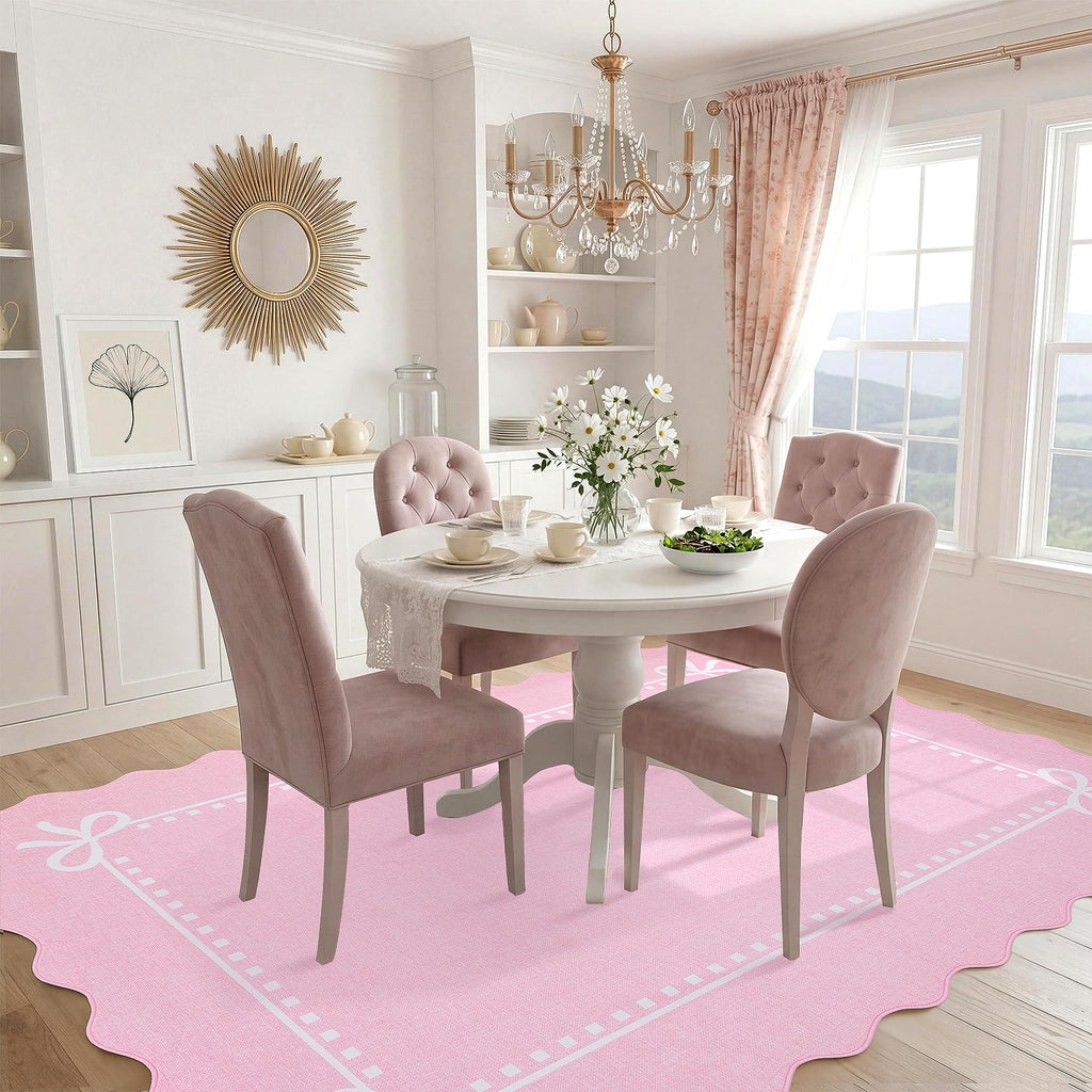Scalloped Bow Rug Washable Solid Pink 8x10 Area Rug