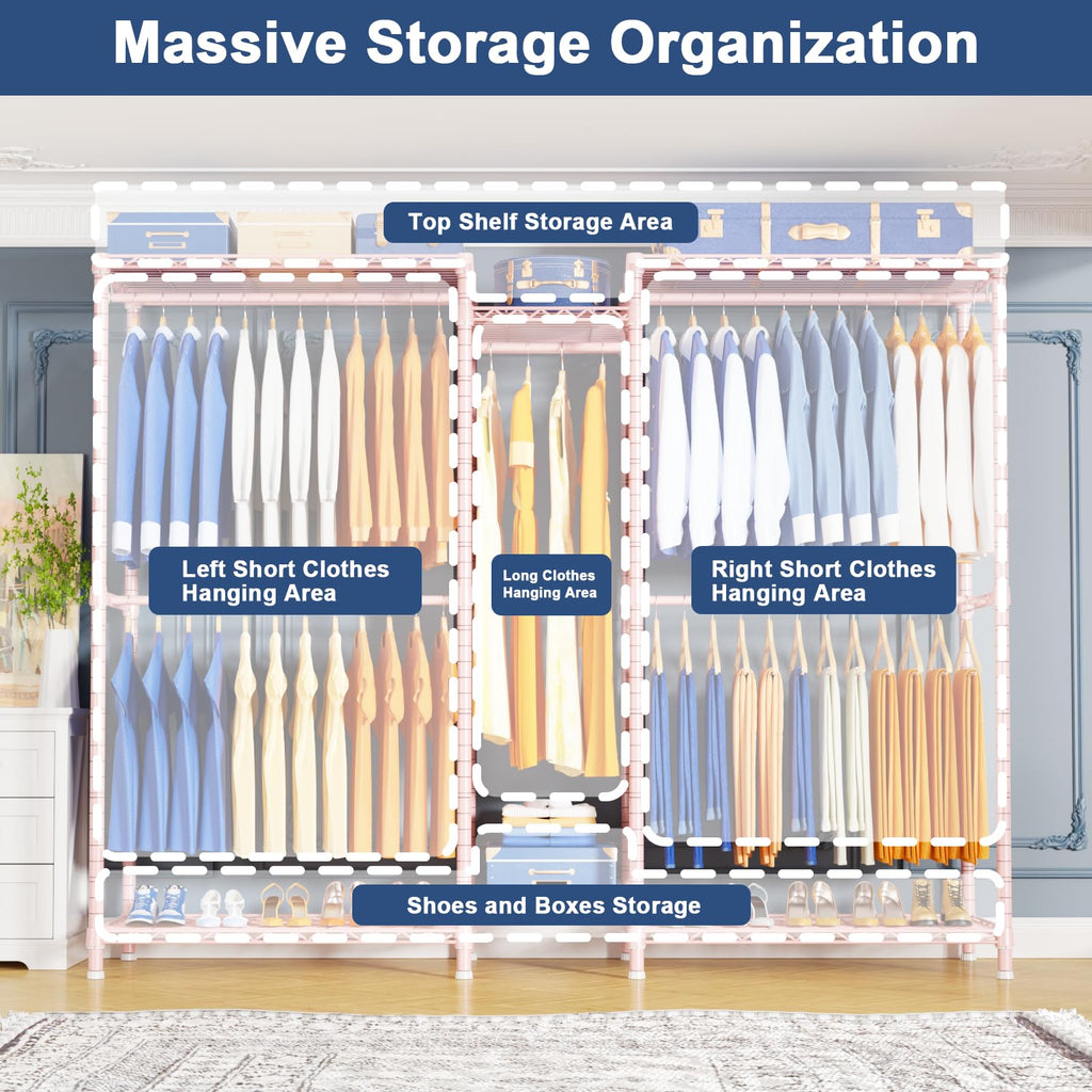 E12 Pro Clothes Rack, Heavy Duty Freestanding Garment Rack with Shelves, Metal Clothing Closet Storage System for