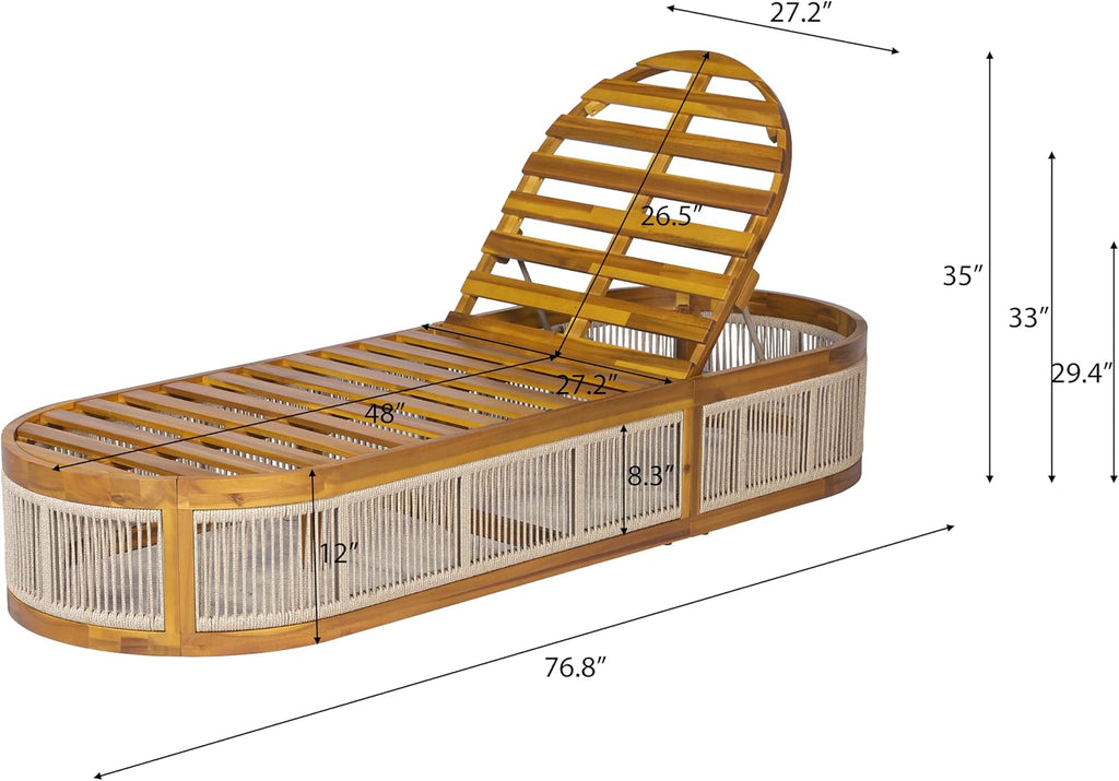 Chaise Lounge Chair Outdoor with Rope Accent, Slatted Design Acacia Wood Poolside Sun Lounger, 3-Position