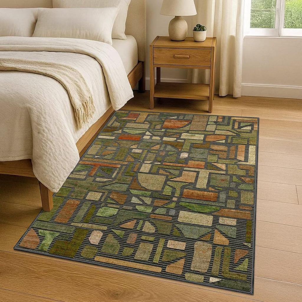 Area Rug, Vintage Checkered Abstract Rugs, Washable Modern Non Slip Soft Low Pile Indoor Floor Carpet Office
