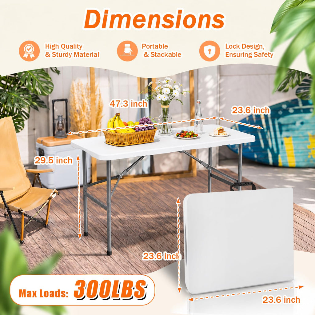 4FT Portable Folding Table, White Square Card Table with Carrying Handle & No Assembly, Slim Folding Table Built in