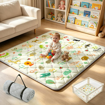 Play Mat for Floor 65"x50", Foldable Playpen Mat for Tummy Time, Thick Non‐Slip Crawling Mat with Carrying Handle