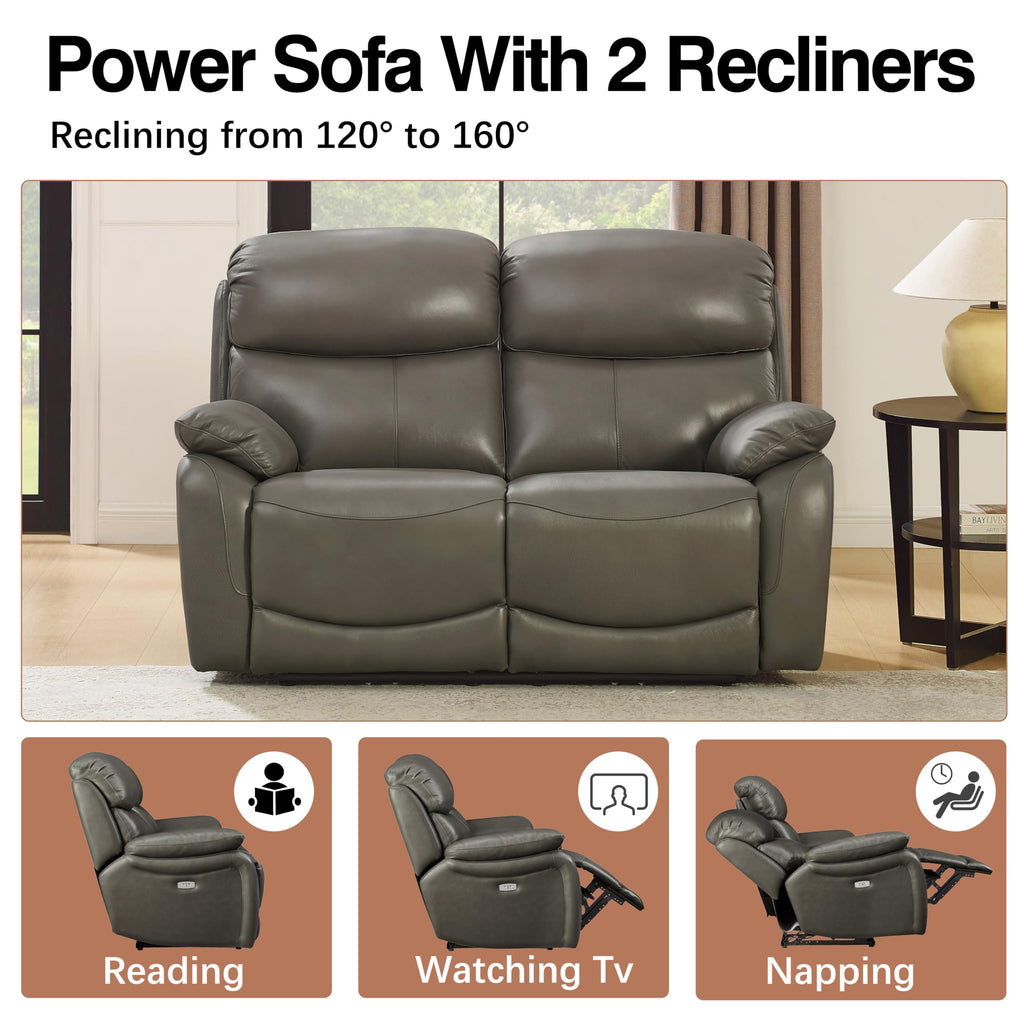 Grey Top Grain Leather Power Recliner Sofa Loveseat with USB Port.
