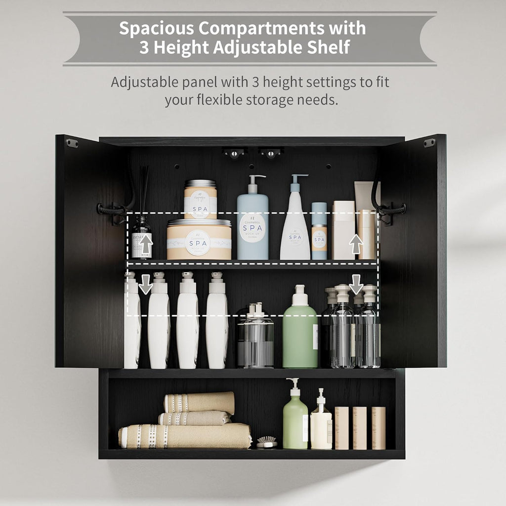 Bathroom Medicine Cabinet with Mirror, Lighted Wall Storage Cabinet, Black | 24" x 24" Modern LED Bathroom Mirror