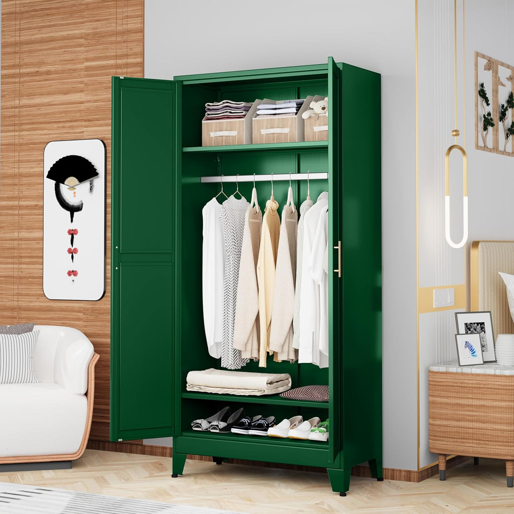 Metal Wardrobe Cabinet with Hanging Rod, Clothing Storage Cabinets | with 2 Doors and Adjustable Shelves, 71" Metal