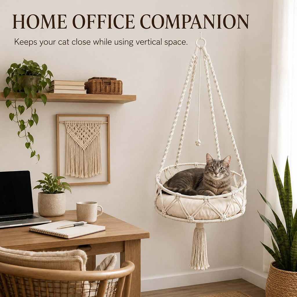 Boho Hanging Cat Bed, Macrame Cat Hammock with Removable Plush Cushion.