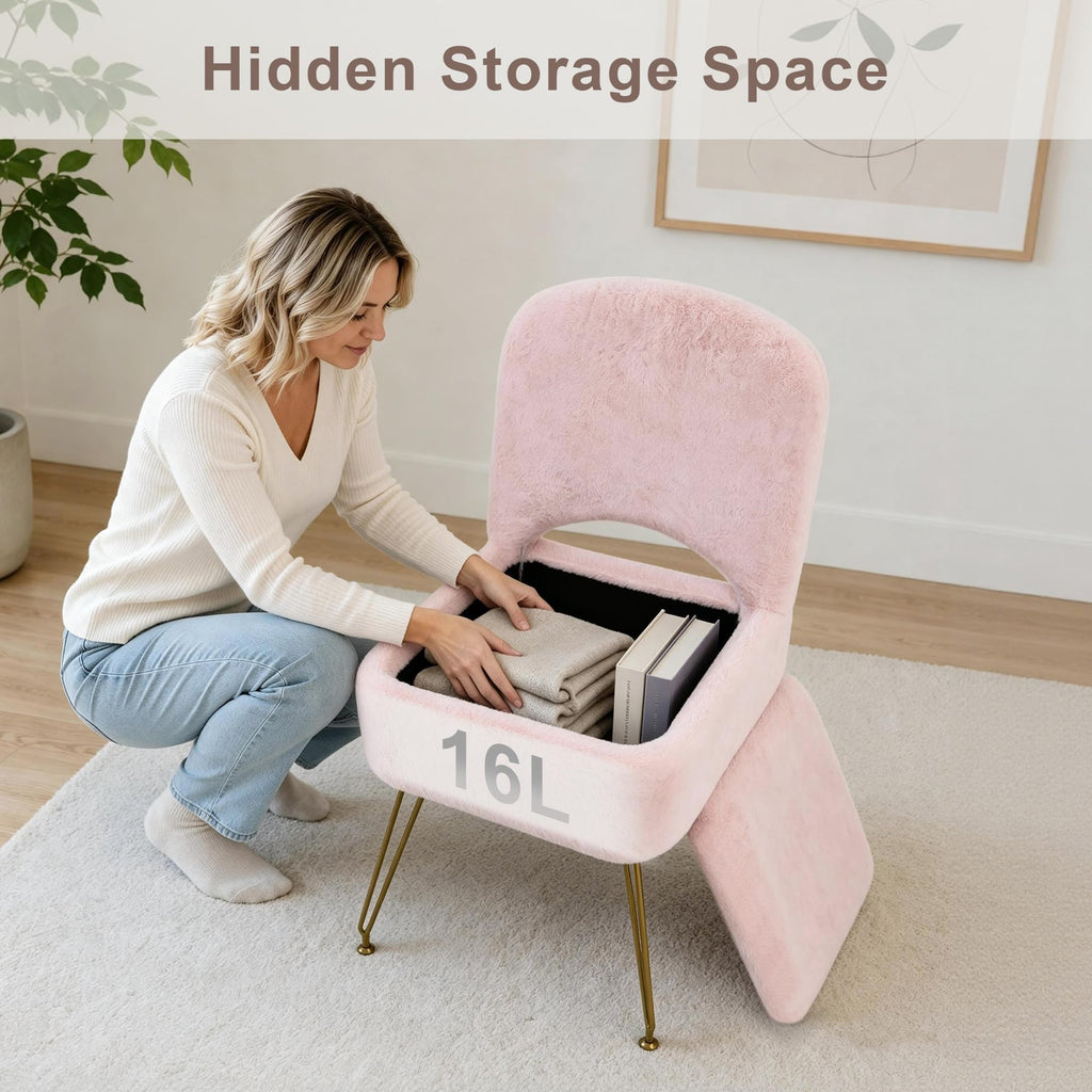 Vanity Stool Chair with Storage and Folding Back, 4 Metal Legs with Anti-Slip Feet, 15.8" x 15.8" x 33" Square