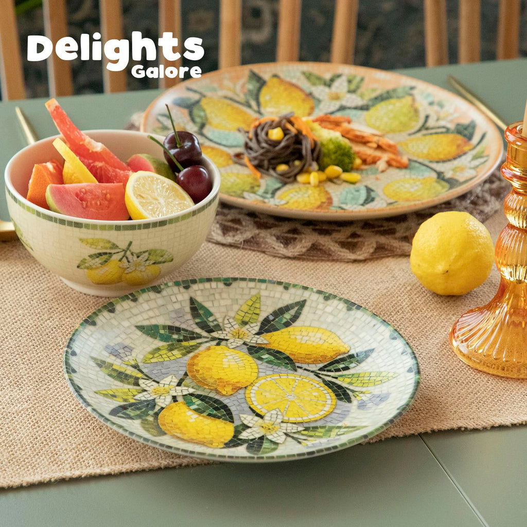 12-Piece Ceramic Dinnerware Set for 4, Lemon Mosaic Printed Plates and Bowls Set, Mediterranean Style Matte Stoneware
