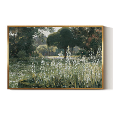 Golden Framed Vintage Canvas Wall Art Summer Hyacinths Cottage Garden Landscape Meadow Painting Print 16x24inch
