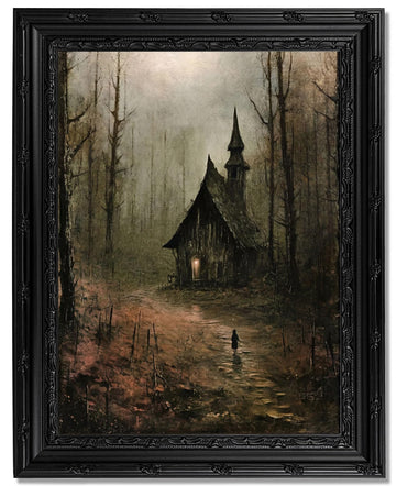 Dark Gothic Forest Church Framed Wall Art, Vintage Moody Landscape Canvas Print with Ornate Black Carved Frame, Dark