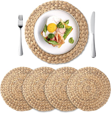 Round Woven Placemats Set of 4, Natural Water Hyacinth Place Mats, Boho Wicker Placemats, Table Mats for Dining Table