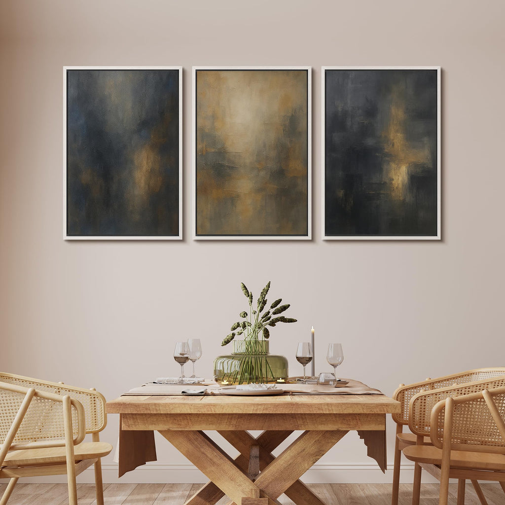 Framed Wall Art Print Set Dark Abstract Modern Contemporary in Navy Blue and Gold Brushstrokes Illustrations Modern