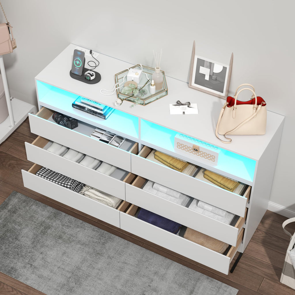 White 6-Drawer w/ Power Outlet and LED Light