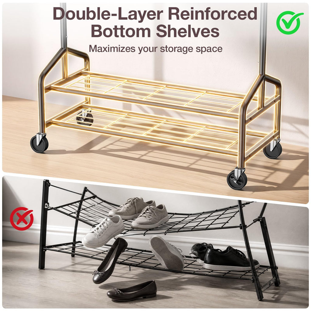 Heavy Duty Clothes Rack, Rolling Clothing Rack Load 650 LBS for Hanging Clothes with 2 Sturdy Shelves, Garment Rack