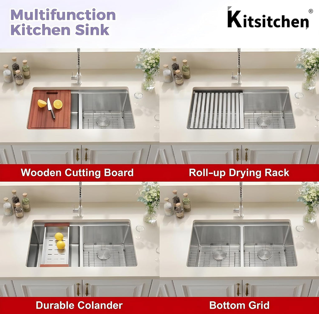 Double Undermount Kitchen Sinks 30 Inch, 16 Gauge T304 Stainless Steel Sink | 30" x 18" x 10" Deep Large Workstation