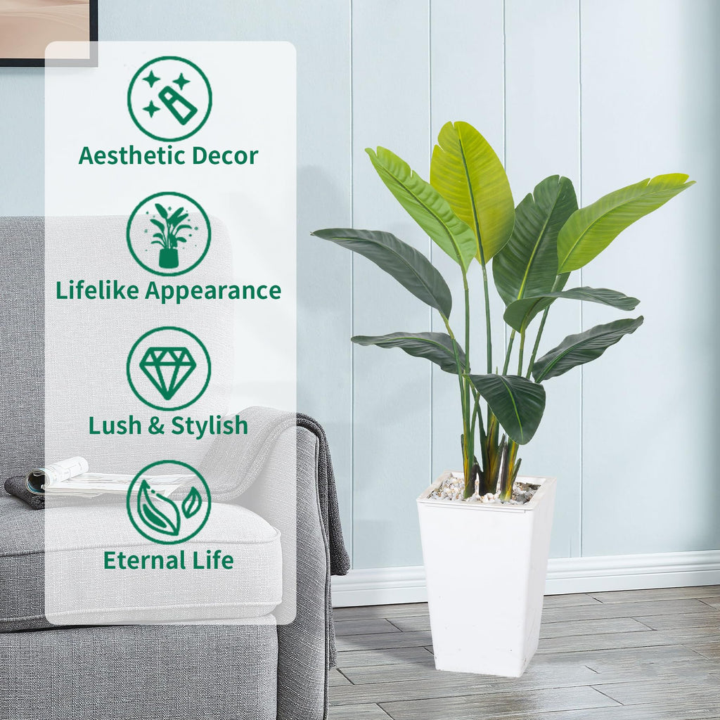 Bird of Paradise Artificial Plant 4FT, Faux Tropical Palm Tree with White Tall Planter, Large Fake Plants in Pot