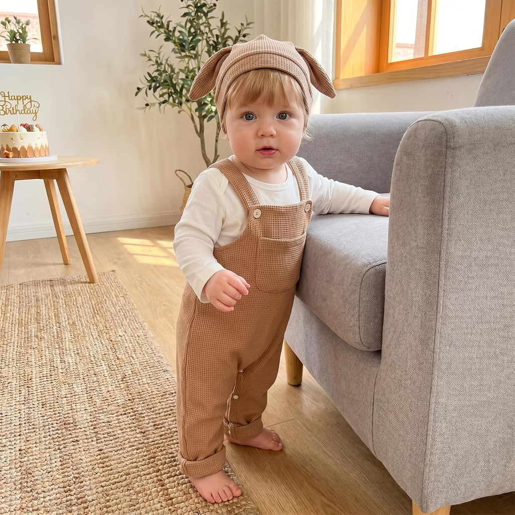 Newborn Baby Boy Clothes Infant Long Sleeve Romper Waffle Suspender Overalls Pants Hat Set Fall Winter Outfits