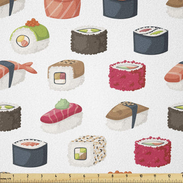 Sushi Fabric by The Yard, Yummy Sushi Rolls Japanese Maki and Nigiri Food Rice and Tuna Traditional Meal, Stretch