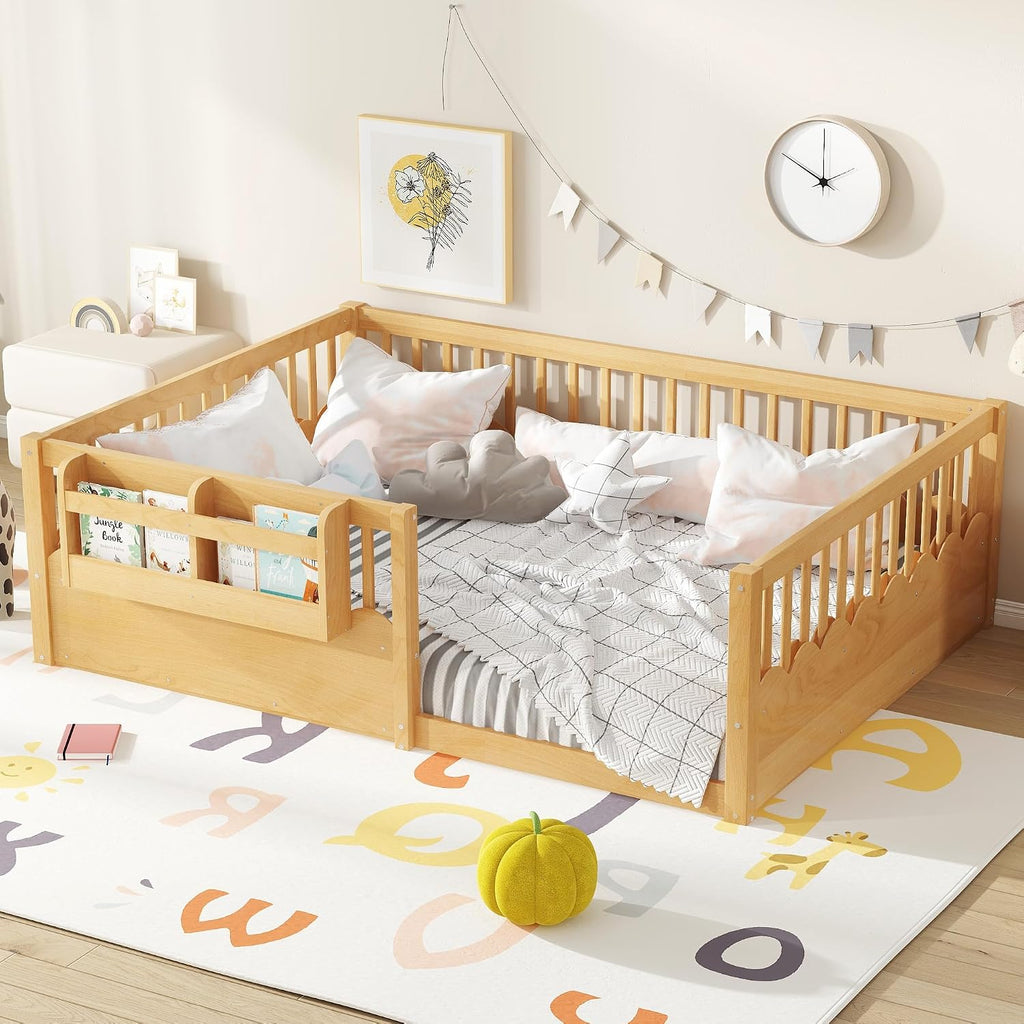 Floor Bed with Fence and Bookshelf, Solid Wood Montessori Floor Bed Frame with Storage Shelves, Low Profile