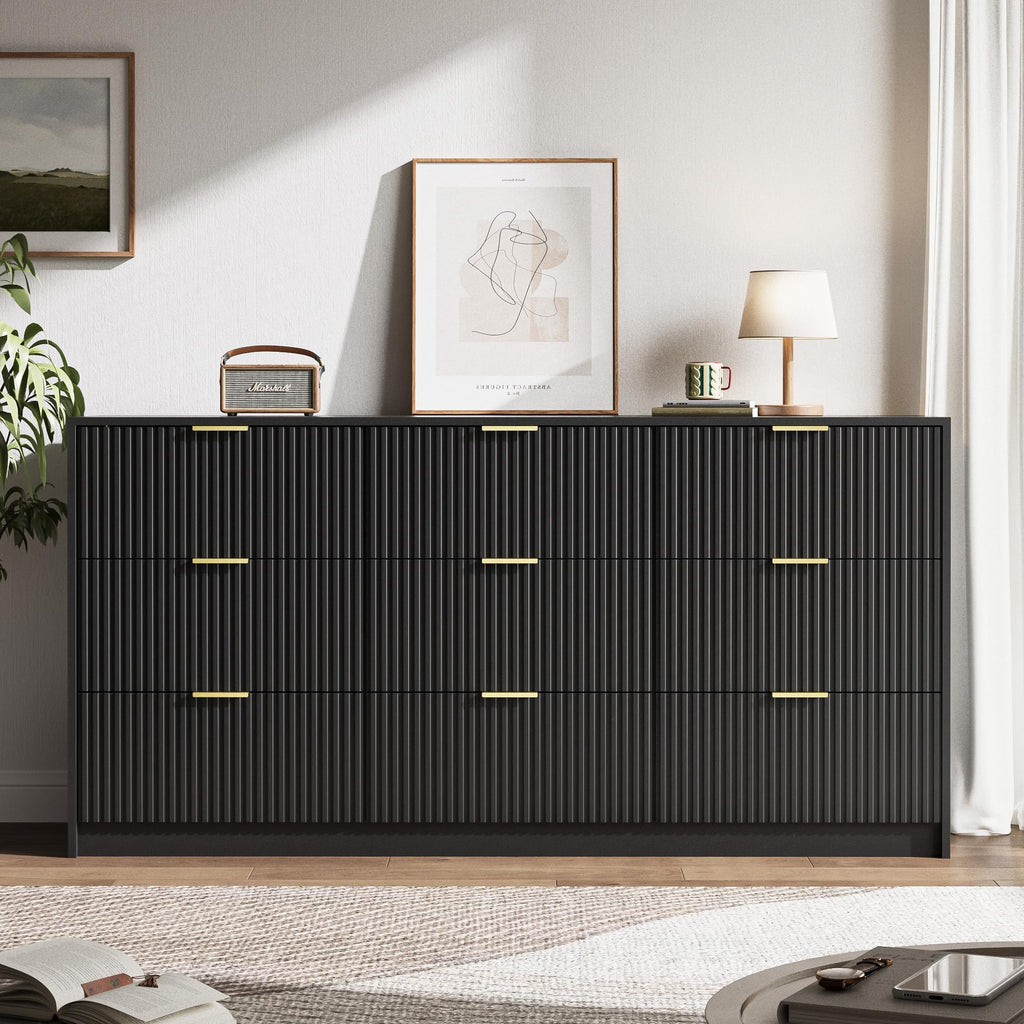 63" Wide Fluted 9-Drawer Dresser, Black