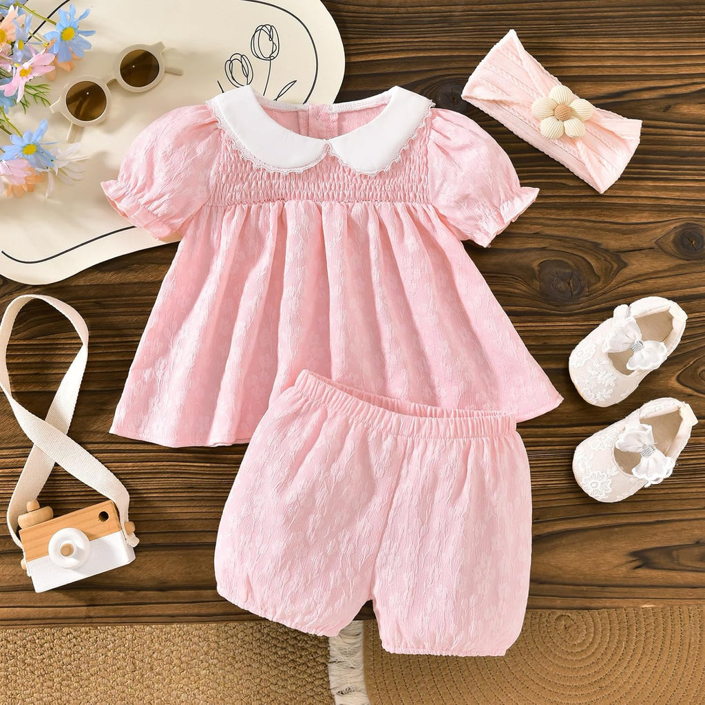 Baby Girl Summer Outfits Smocked Tops Shorts Set With Headband