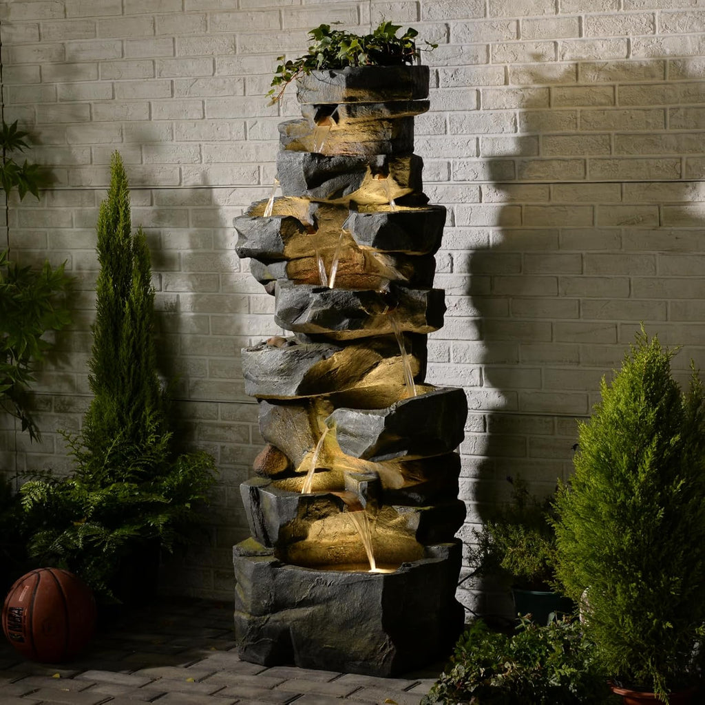 58" H Outdoor Water Fountain with 7 Tiers New Upgraded Large Cascading Realistic Rock Waterfall Fountains with Lights
