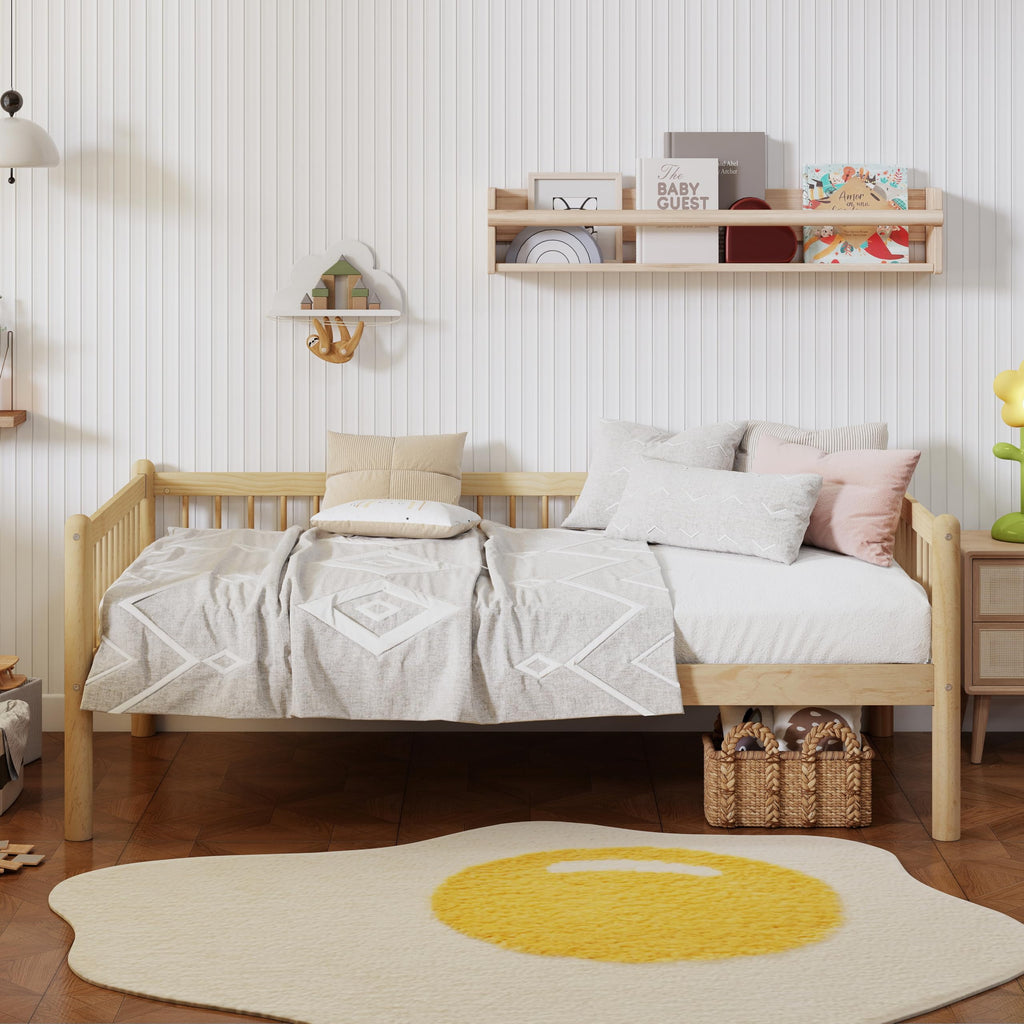 Natural Twin Pine Wood Daybed with 3-Side Guardrails