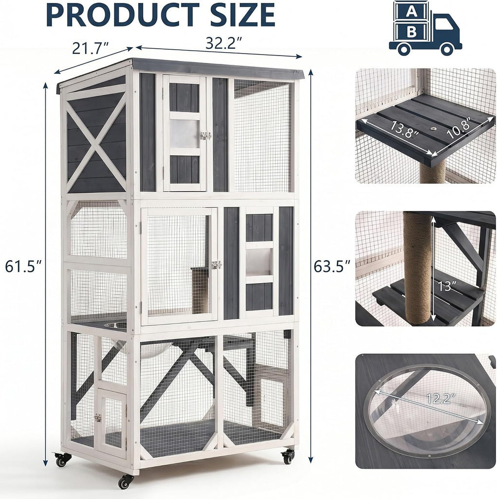 63.5" H Outdoor Cat Enclosure, Wooden Window Catio with Wheels