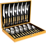 Hammered Silver Gold Silverware Set, 24-Piece 18/10 Stainless Steel Flatware Set, Service of 6