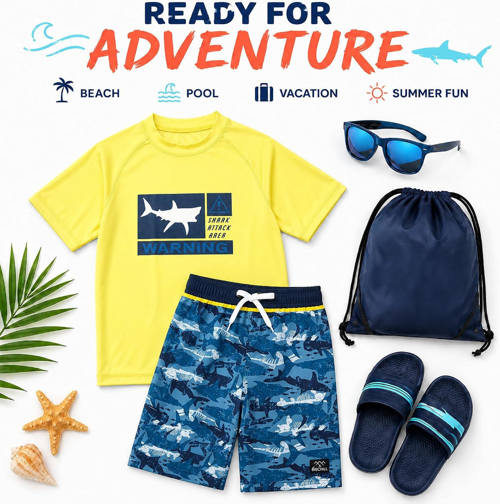 Boys Piece UPF 50 Short Sleeve Rash Guard & Swim Trunks