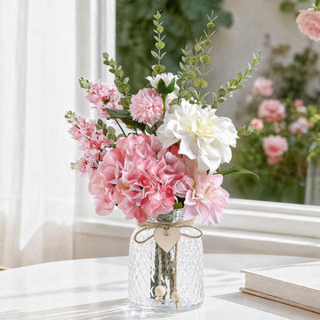 Artificial Pink Dahlias Mixed Bouquet in Vase for Farmhouse Decor